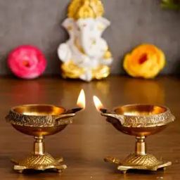 Set of 2 Brass Diya with Tortoise Base-10