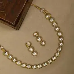 Gold-Plated Kundan-Studded Necklace & Earrings Set-image-42