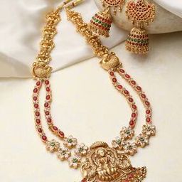 Women Gold-Plated Stone-Studded Necklace & Earrings Set-16