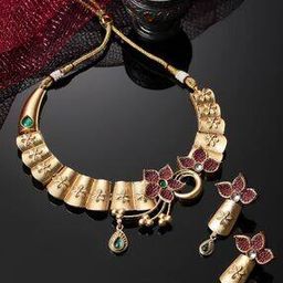 Women Gold-Plated Stone-Studded Beaded Necklace & Earrings Set-image-63
