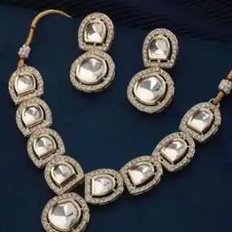 Gold-Plated Polki Kundan-Studded Necklace & Earrings Set-image-64