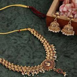 Gold-Plated Peacock Shaped Stone-Studded & Beaded Jewellery Set-2