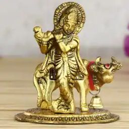 Lord Krishna Playing Flute with Golden Cow Showpiece-18