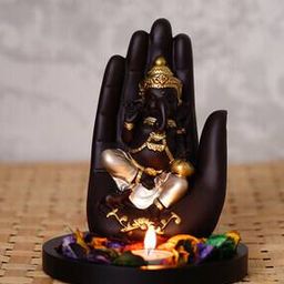 Golden Handcrafted Palm Ganesha Decorative Showpiece with Wooden Base and Fragranced Petals-image-84
