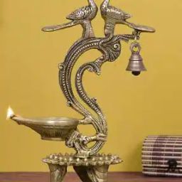 Antique Finish Decorative Handcrafted Brass Peocock Wall Hanging Diya with Bells-picture-43