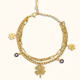 18Kt Gold Plated Evil Eye Flower Multi Layer Bracelet Stack-image-85