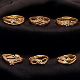 Set of 6 Women Gold Plated Adjustable Ring -image-92