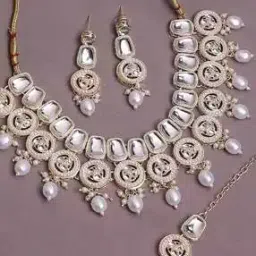 Stone-Studded Pearl Necklace with Earrings & Mangtika-image-20