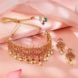 Women Gold-Plated Stone-Studded Necklace & Earrings Set-image-63