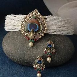 Women Gold-Plated Stone-Studded Necklace with Earrings-image-35