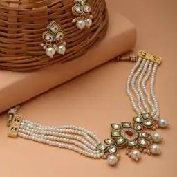 Women Gold-Plated Kundan-Studded Necklace & Earrings Set-7