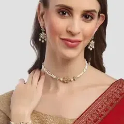 Gold-Plated Kundan-Studded Necklace with Earrings & Bracelet-image-43