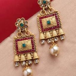 Gold-Plated Kundan-Studded Beaded Drop Earrings-3
