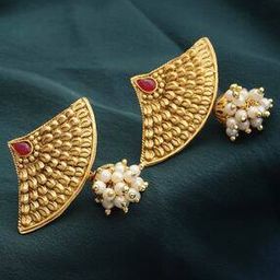 Gold-Plated Kundan-Studded Pearl Drop Earrings-image-80