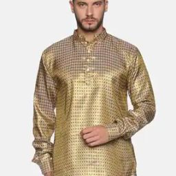 Self-Design Short Kurta with Mandarin Collar-image-3