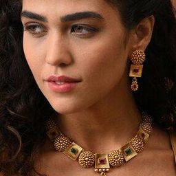 Gold-Plated Stone-Studded Necklace & Earrings Set-4