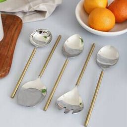 Set of 5 Gold Hammered Steel HeadServing Spoons-14