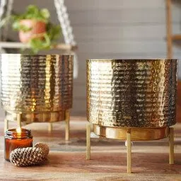 Set of 2 Metal Indoor Hammered Planters with Stand-image-9