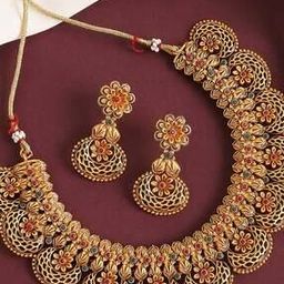 NERU15-Floral Design Temple Necklace & Earrings Set-36