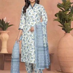 Divyadham Textiles Women Floral Printed Regular Pure Cotton Kurti with Pyjamas & With Dupatta-image-20