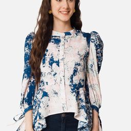 BAESD Tie and Dye Mandarin Collar Puff Sleeves High Low Top-image-12