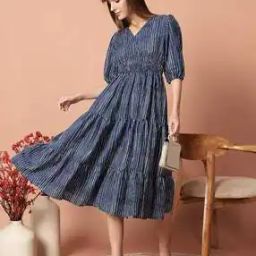 Women Striped V-Neck Tiered Midi Dress-image-68