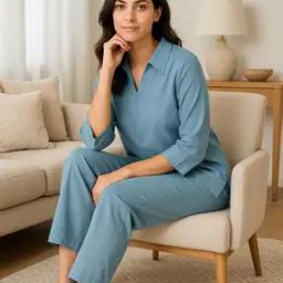 Women Woven Top & Pyjamas Set-image-86