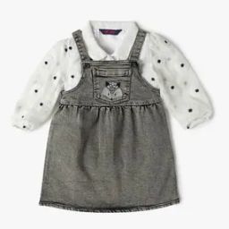 Girls Embroidered Regular Fit Cotton Dungaree with Top-image-35