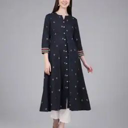Women Embroidered A-Line Kurta with Round Neck-image-4