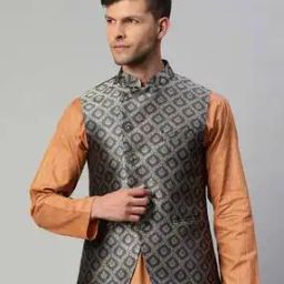Men Floral Pattern Nehru Jacket with Welt Pockets-48