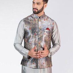Embellished Nehru Jacket with Square Pocket-image-62
