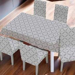 Set of 6 Geometric Print Chair Covers with 6-Seater Dining Table Cover-8