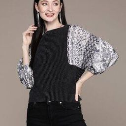 Knitted Pullover with Printed Dolman Sleeves-image-12