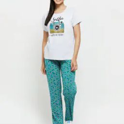 Women Printed Round Neck T-Shirt with Elasticated Pyjamas-image-44