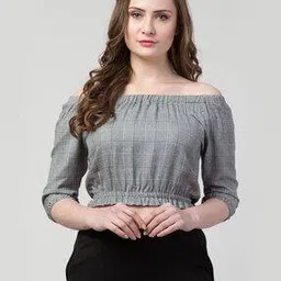 Checked Off-Shoulder Crop Top-image-14
