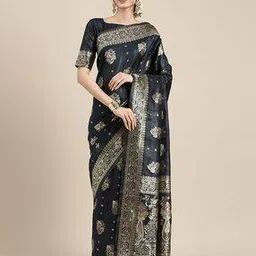 Woven Floral Saree with Contrast Border-image-10
