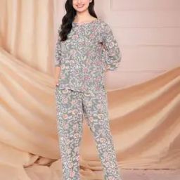 Women Floral Print Top & Pyjamas Set-image-100