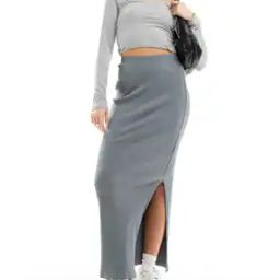Women Ribbed Side Slit Midi Skirt-picture-38