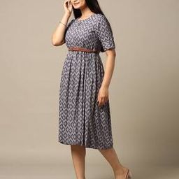 Women Ikat Print A-Line Dress with Belt-image-70