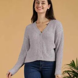 kotty  Women Cotton Blended V-Neck Cardigan-picture-4