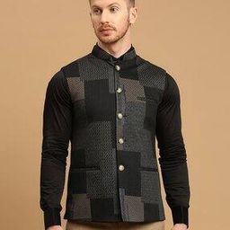 Geometric Print Nehru Jacket with Welt Pockets-28