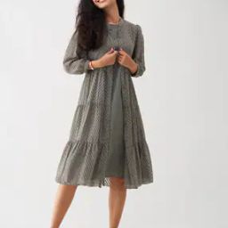 Women Fit & Flare Dress with Puff Sleeves-image-95