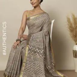 Handblock Bagru Dabu Print Saree with Zari Border-image-1