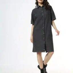 Women Washed Denim Shirt Dress-image-14