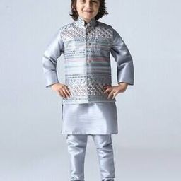 Boys Embroidered Kurta Pyjama Set with Jacket-image-2
