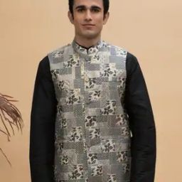Floral Print Nehru Jacket with Welt Pockets-17