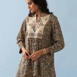 Women Floral Print A-line Tunic with Mandarin Collar-image-76