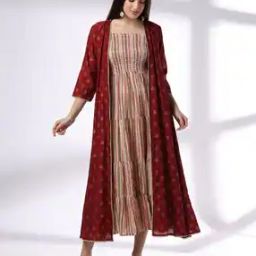 Women Striped Tiered Dress with Jacket-image-50