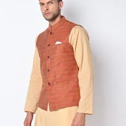 Striped Nehru Jacket with Welt Pockets-image-71