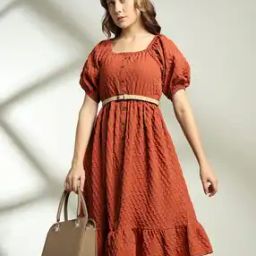 Women Textured Square-Neck Fit & Flare Dress with Belt-image-73